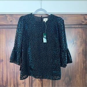 Tuckernuck Medium Black and Blue Velvet Polka Dot Blouse